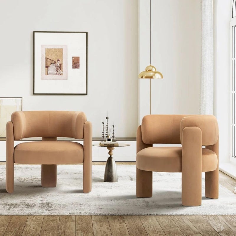 Comfynest Modern Velvet Accent Chair – 3-Leg Barrel Style Upholstered Chair with Foam Padding & Stain-Resistant Fabric (Khaki) - Image 1